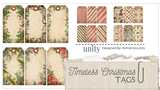 The Timeless Christmas Tags ephemera sheet with its label card on top, showing large greenery-framed tags alongside smaller striped and floral versions.