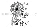 The Cast All Your Cares red rubber background stamp: a dandelion losing its seeds through the 1 Peter 5:7 verse.