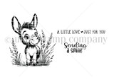 Black-and-white stamp set layout of the baby donkey with "A little love just for you" and "Sending a smile"