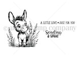 Black-and-white stamp set layout of the baby donkey with "A little love just for you" and "Sending a smile"