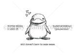 Red rubber stamp art of a bashful platypus with hearts and quirky birthday sentiments including 'You're weird. I like it'