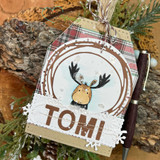 A cheerful cartoon moose with 'you're the best,' a petite itty bitty red rubber stamp shown on a handmade card.
