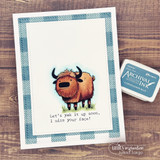 Brown yak with 'Let's yak it up soon, I miss your face!' on a blue plaid frame.