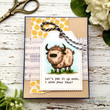 Brown yak with 'Let's yak it up soon, I miss your face!' on a kraft card with music and polka-dot papers.