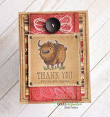 Brown yak stamped as a THANK YOU card, 'you're moo-velous,' with red patterned papers and a button.