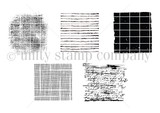 Red rubber stamp set of five textured squares, grunge, cross-hatch, chicken wire, script and lines, for small background panels.