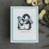 Ice-blue framed card of the penguin hug — hugging you tight