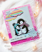 Hot pink snowflake card with the penguin duo in rainbow scarves