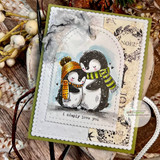 Vintage noel collage card with the penguin pair in knit hats — i simply love you