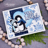 Blue heart snowflake card — you are loved die cut with the hugging penguins