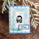 Scalloped seafoam card — warm hugs banner under the penguin hug