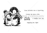Arctic Affection red rubber stamp art by Lisa Arana. Hugging penguin duo with five love and friendship sentiments.