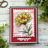 Postage-stamp framed card of a yellow carnation and ladybug on red newsprint, 'missing you'