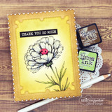 Golden postage-frame card of the ladybug carnation stamped 'THANK YOU SO MUCH' with Distress ink pads