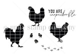 Impeckable Silhouettes red rubber stamp sheet: solid black silhouettes of chickens, little chicks and footprints with 'You are impeckable.'