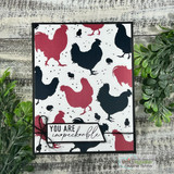 Card with a red and black chicken silhouette repeat pattern and 'You are impeckable.'