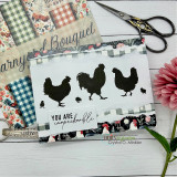 Card with three black chicken silhouettes over farmhouse papers and 'You are impeckable.'