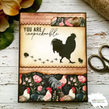 Vintage card with a rooster silhouette over floral papers and 'You are impeckable.'
