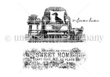 Snug & Serene red rubber stamp set - a dachshund curled on an overstuffed armchair with a dog pillow, a side table holding a plant and mug, and a basket, plus 'welcome home' in script and a floral SWEET HOME word block.
