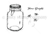 Red rubber stamp set of a mason jar with fireflies and 'Shine bright.'
