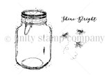 Red rubber stamp sheet with a tall clamp-lid mason jar and three fireflies drifting out on a dotted flight path, next to a script sentiment reading 'Shine bright'.
