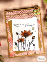 Card with a cluster of hand-colored wildflowers and the sentiment "Thank you for your prayers. They bring me great comfort," on patterned paper