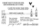 The Corks & Giggles red rubber stamp set: wine bottles, hearts, and snarky sentiments including 'Let's drink wine & judge people' and 'Happy friendaversary.'