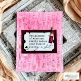 Pink mixed-media card with a wine bottle ticket and the 'two glasses of wine' sentiment framed in deep red.