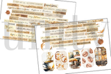 Three printed sheets of Latte Life coffee ephemera on kraft and white cardstock - rows of cut-apart coffee phrases such as COFFEE QUEEN and BUT FIRST, COFFEE, mixed with coffee-stain rings, splatters and small photos of cups and beans.