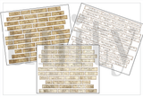 Three printed sheets of Brewed Inspirations coffee sentiments - ninety-six short coffee phrases set in small type on kraft-toned strips, laid out in tidy rows ready to snip apart.