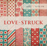 Love-Struck 6x6 paper pack — conversation-heart, dot and stripe prints in red, teal and cream.