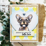 Sample card: yellow hearts blended through the stencil behind a stamped French bulldog set inside a blue heart, with a sending you a whole lotta love sentiment strip.