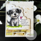 Handmade card featuring Odie, a scruffy rescue puppy, with the sentiment "Congrats on your new furry friend."
