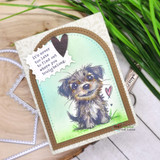 Handmade card featuring Odie, a scruffy rescue puppy, with the sentiment "It's never too late to find out where you truly belong."