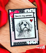Black-framed card with a sketched scruffy doodle puppy and "You're my person," paw-print washi tape