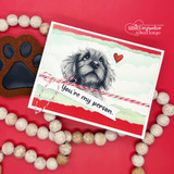 Card with the sketched doodle puppy on green paper, "You're my person," cream beads