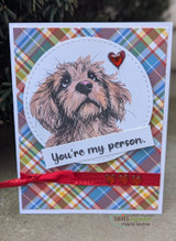 Card with the colored doodle puppy in a plaid circle, "You're my person," a red heart