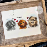 Framed art print of three rescue pups with hearts, 'Welcome to the pack'