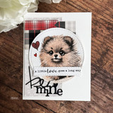 Plaid-topped card of Bradley in a stitched circle, 'a little love goes a long way' and die-cut smile