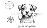 Stamp art shown in white on black of Winston, a sketch-style pitbull puppy, with 'You have such a good heart.'