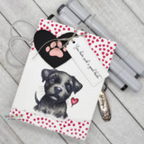 Card with the pitbull puppy colored gray on a red-heart panel with a small heart.