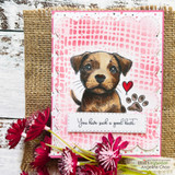 Card with the brown pitbull puppy over pink stenciled texture: 'You have such a good heart.'