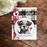 Plaid card with the pitbull puppy in a circle and a die-cut 'love you.'