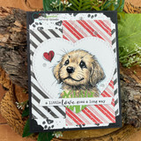 Card with the golden puppy on black-and-white stripe paper, "a little love goes a long way," a red heart