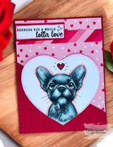 Red heart-framed card of Hugo the French Bulldog puppy colored blue-gray with 'sending you a whole lotta love'