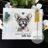 Soft green card of sketched Hugo with a tiny heart above his head and the lotta-love sentiment