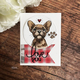 White card of Hugo beside a plaid 'love you' banner with a red heart