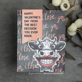 Card with a grinning cow on a chalkboard 'i love you' background: 'Happy Valentine's Day from the best decision you ever made.'