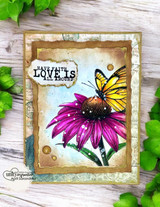 Rustic card with a magenta daisy and butterfly: 'Have faith, love is all around.'