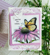 Card with a purple daisy and butterfly in a lavender frame: 'Here for you always.'